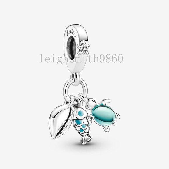 Pandora Fish, Sea Turtle & Conch Triple Dangle Charm - Picture 1 of 3